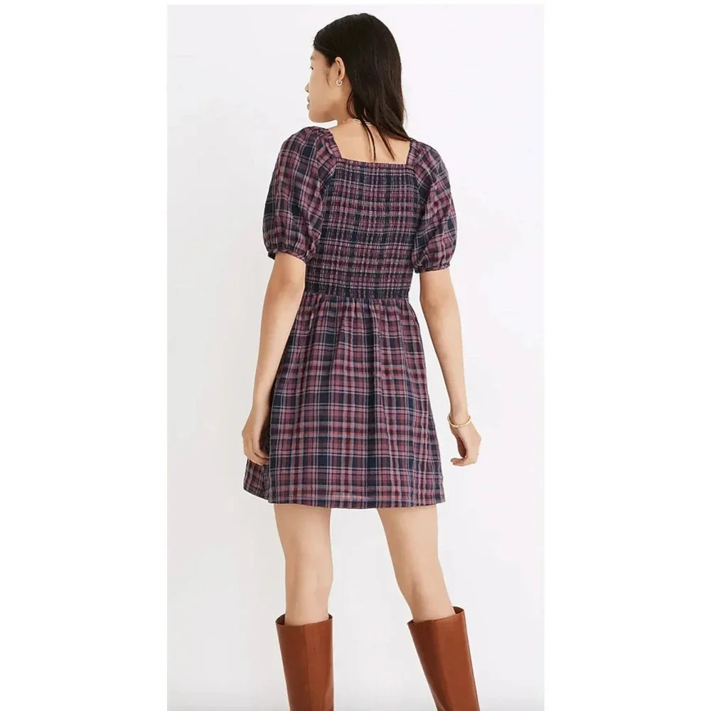 Madewell Lucie Puff-Sleeve Smocked Mini Dress in Rockfern Plaid Sz S